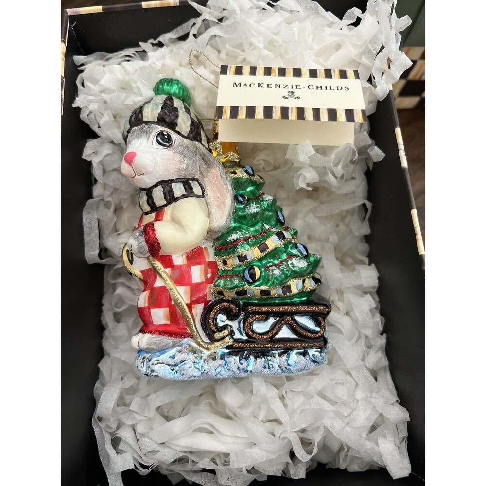Mackenzie Childs Christmas Hare Glass Ornament New in Box